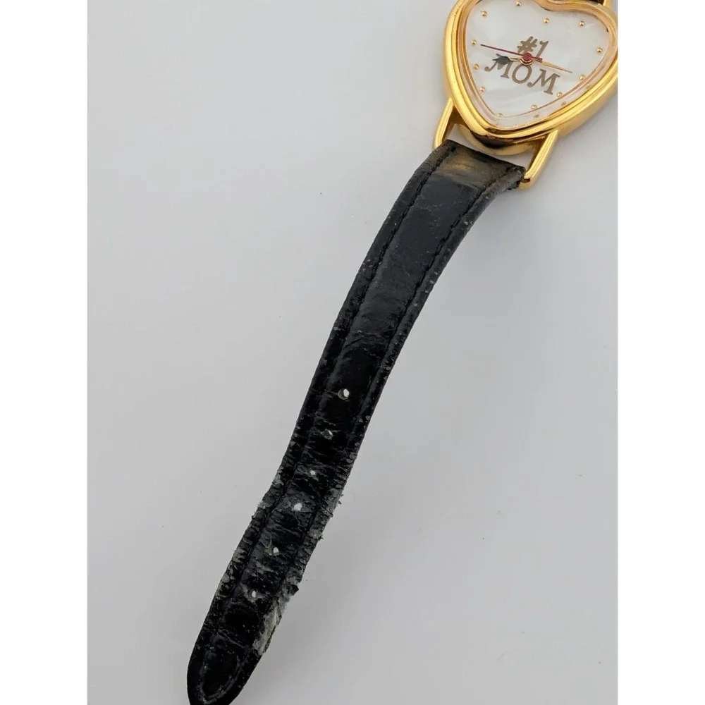Vintage #1 Mom Heart Watch 28mm Gold Case MOP Dial Leather Band-‎ New Battery